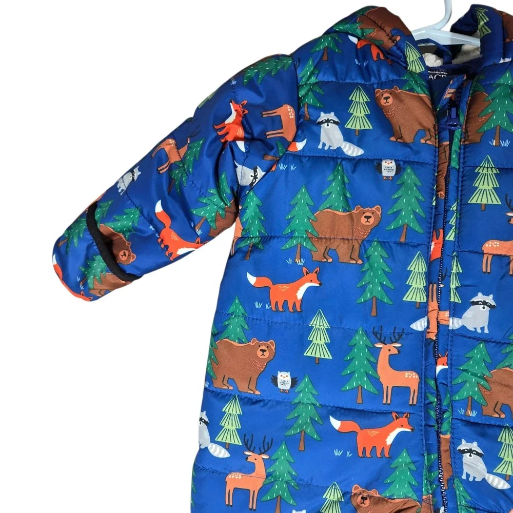 The Childrens Place Puffer Snowsuit Baby 6-9M Blue Woodland Animals NWT